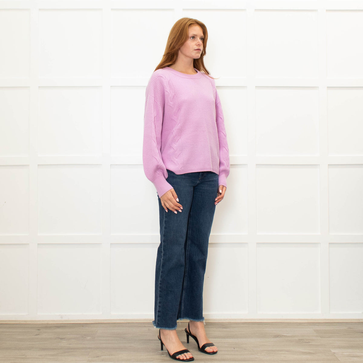 Repeat Lilac Cable Knit Cashmere Jumper with Puff Sleeves