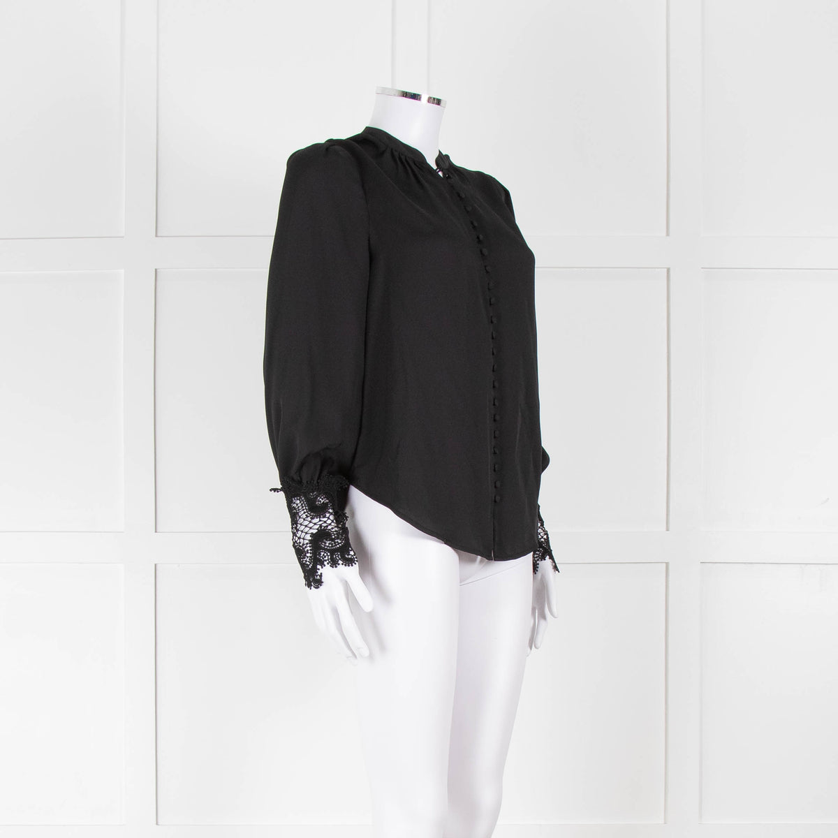 L'Agence Black Collarless Blouse with Lace Cuffs