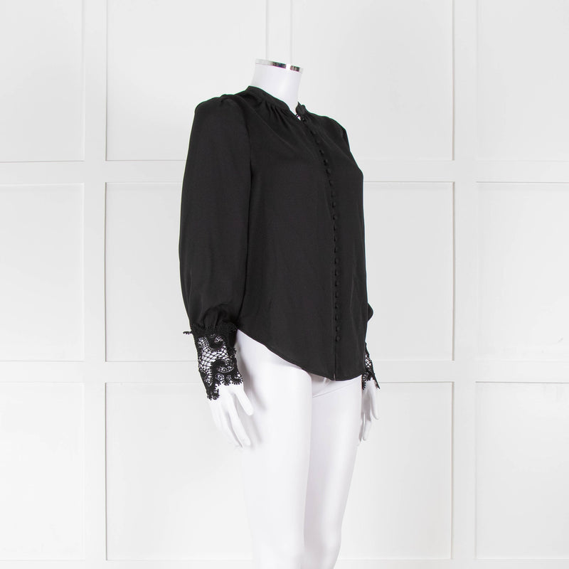 L'Agence Black Collarless Blouse with Lace Cuffs