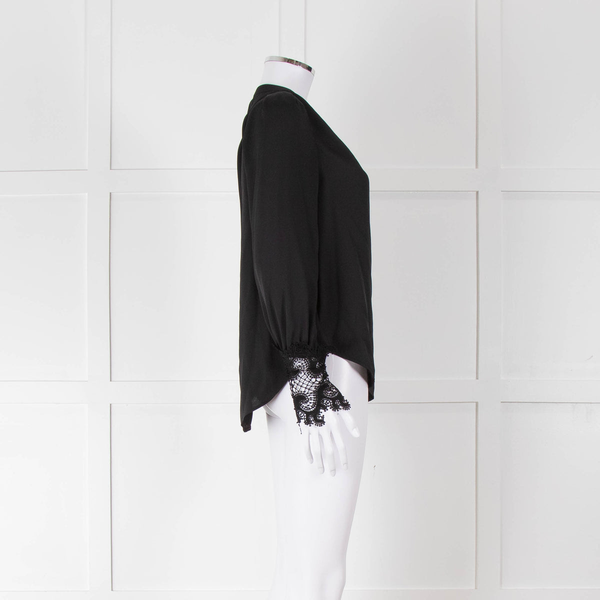 L'Agence Black Collarless Blouse with Lace Cuffs