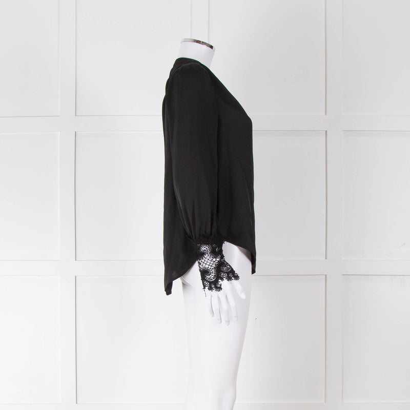 L'Agence Black Collarless Blouse with Lace Cuffs