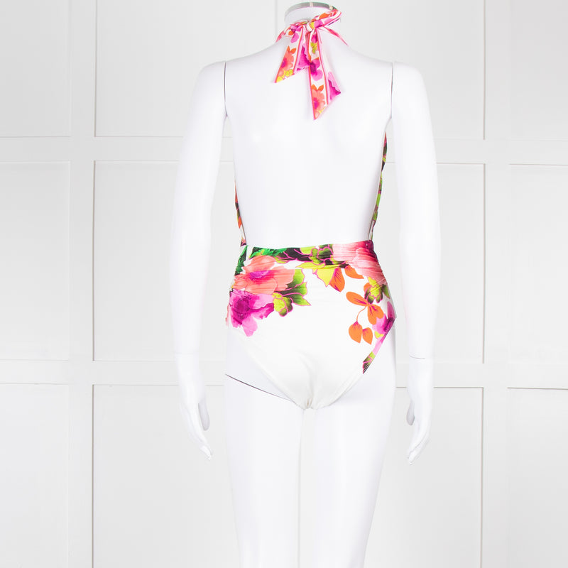 Camilla White Pink Green Floral Plunge Neck Swimsuit