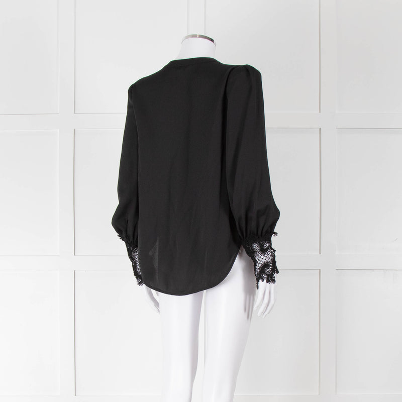 L'Agence Black Collarless Blouse with Lace Cuffs