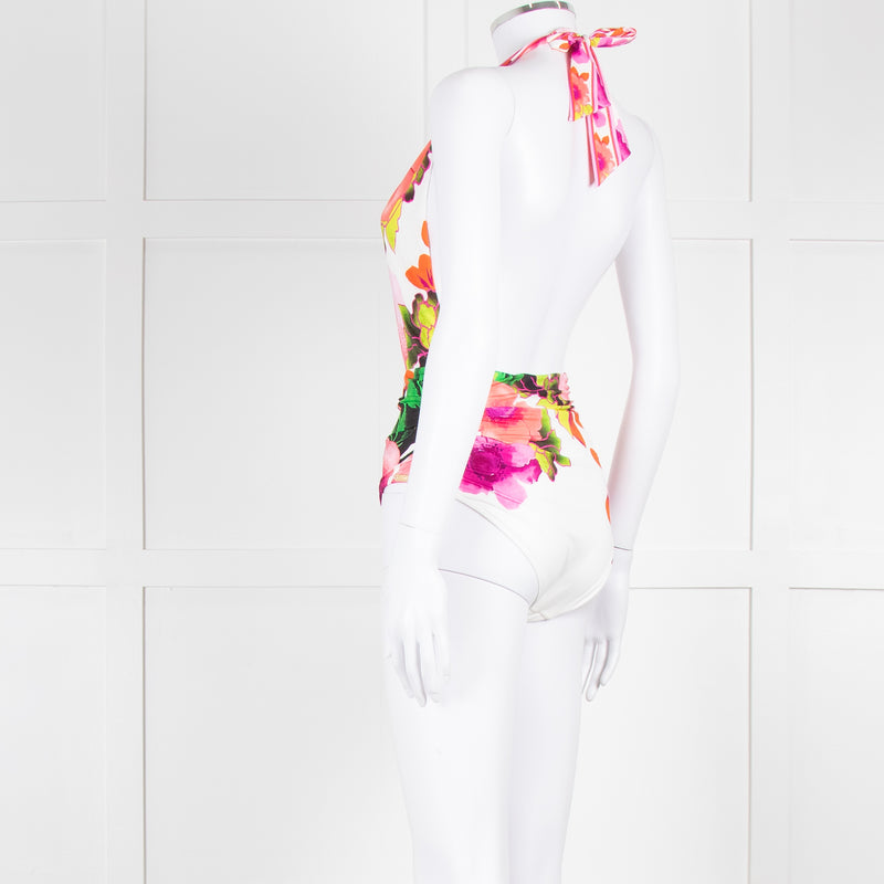 Camilla White Pink Green Floral Plunge Neck Swimsuit