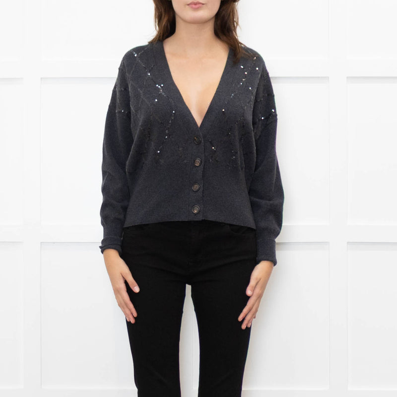 Brunello Cucinelli Grey Cashmere Cropped Cardigan With Sequin Argyle