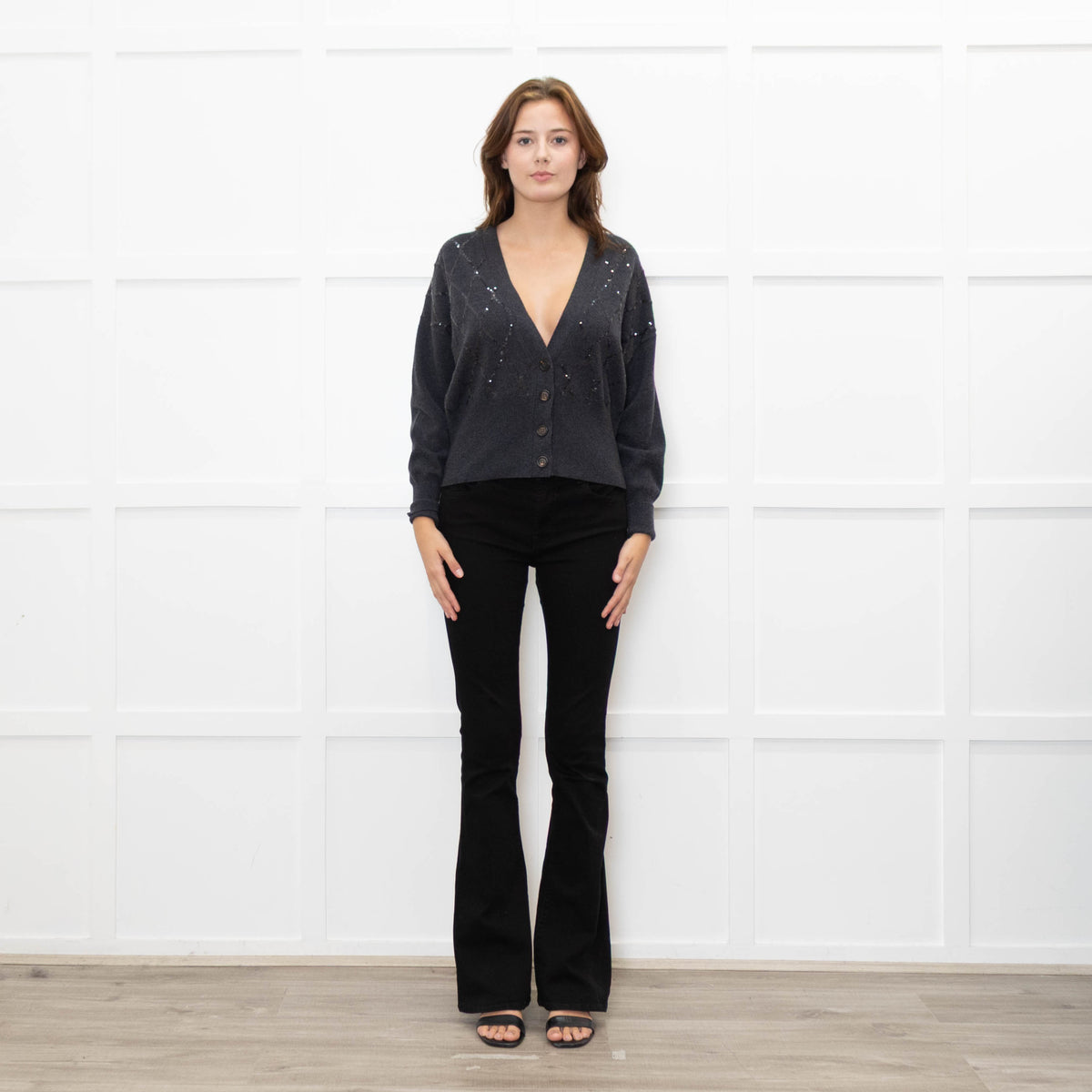 Brunello Cucinelli Grey Cashmere Cropped Cardigan With Sequin Argyle