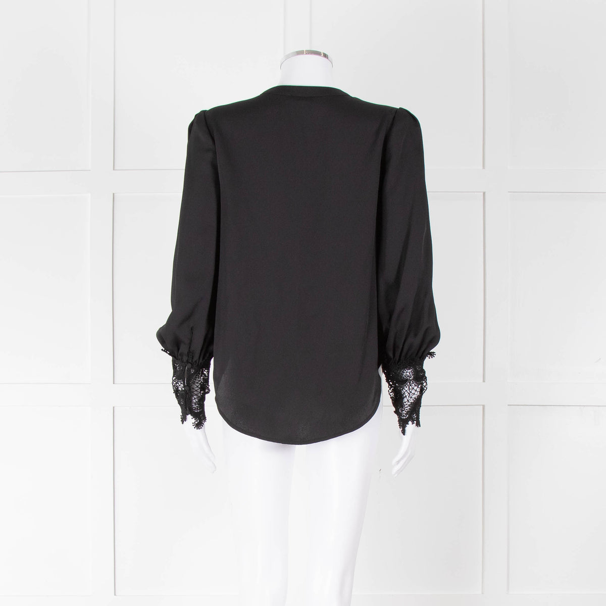 L'Agence Black Collarless Blouse with Lace Cuffs