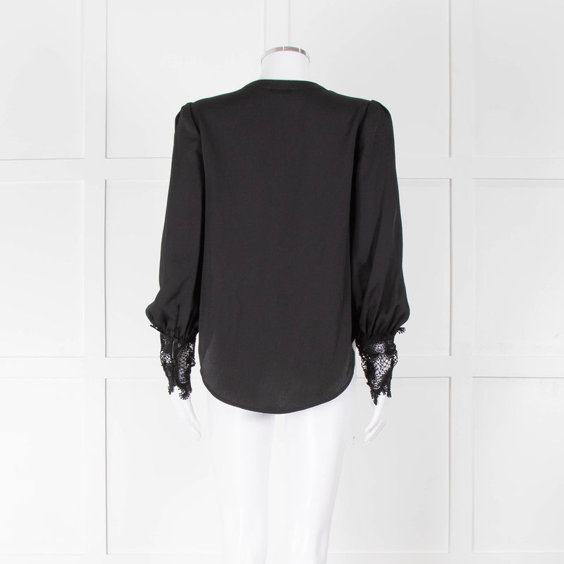 L'Agence Black Collarless Blouse with Lace Cuffs