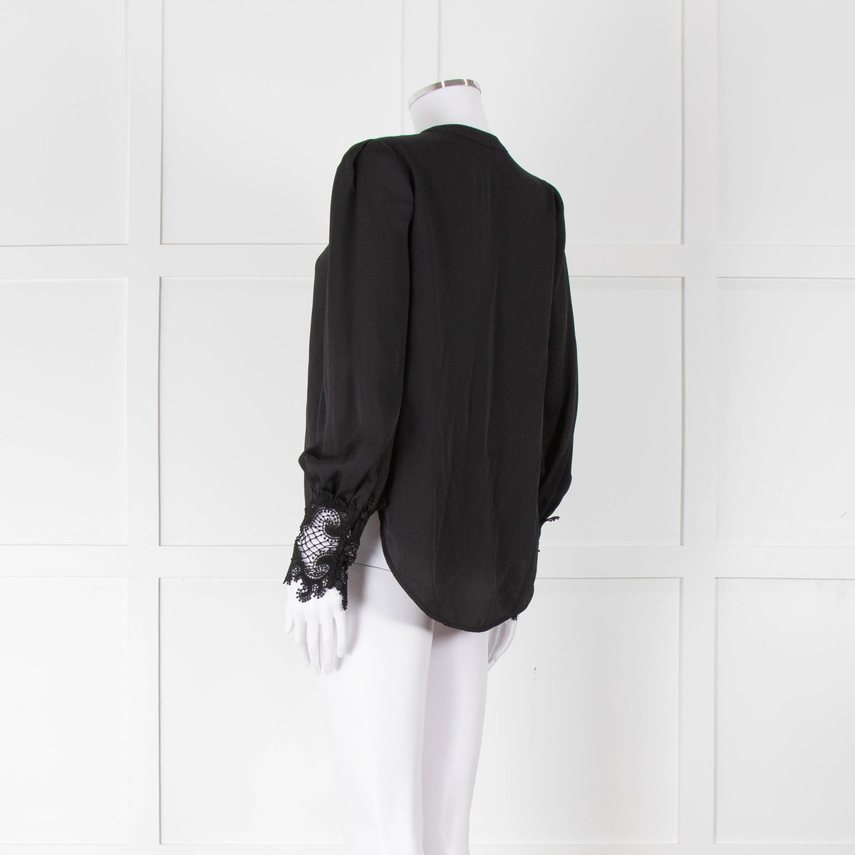 L'Agence Black Collarless Blouse with Lace Cuffs