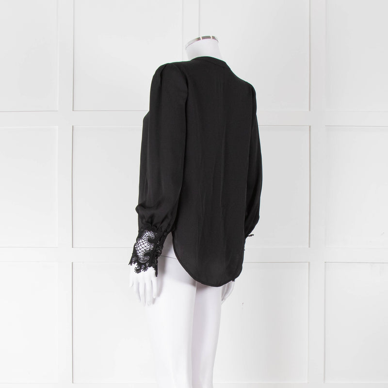 L'Agence Black Collarless Blouse with Lace Cuffs