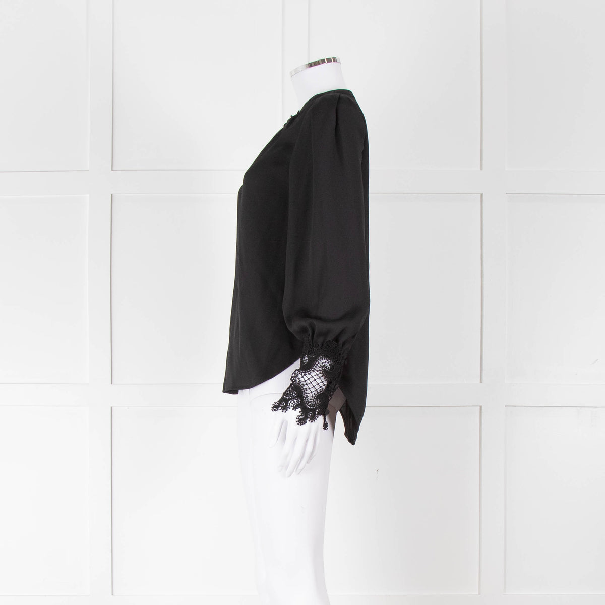 L'Agence Black Collarless Blouse with Lace Cuffs