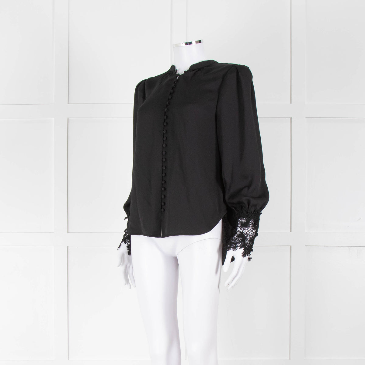 L'Agence Black Collarless Blouse with Lace Cuffs