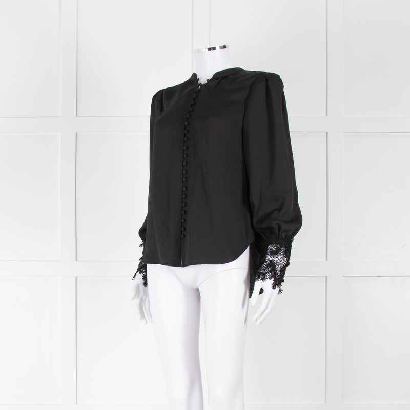 L'Agence Black Collarless Blouse with Lace Cuffs