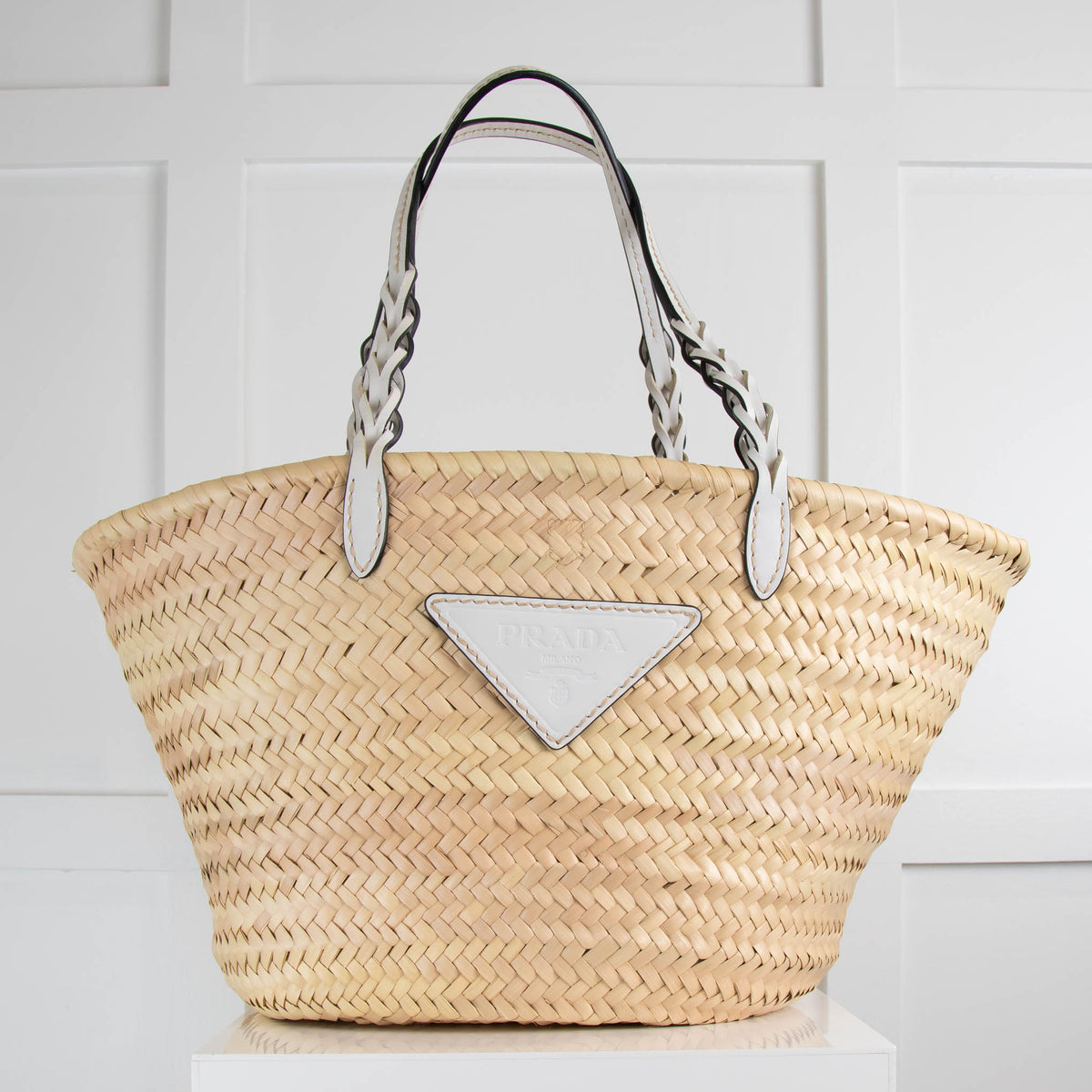 Prada  Raffia Tote with White Leather Handles