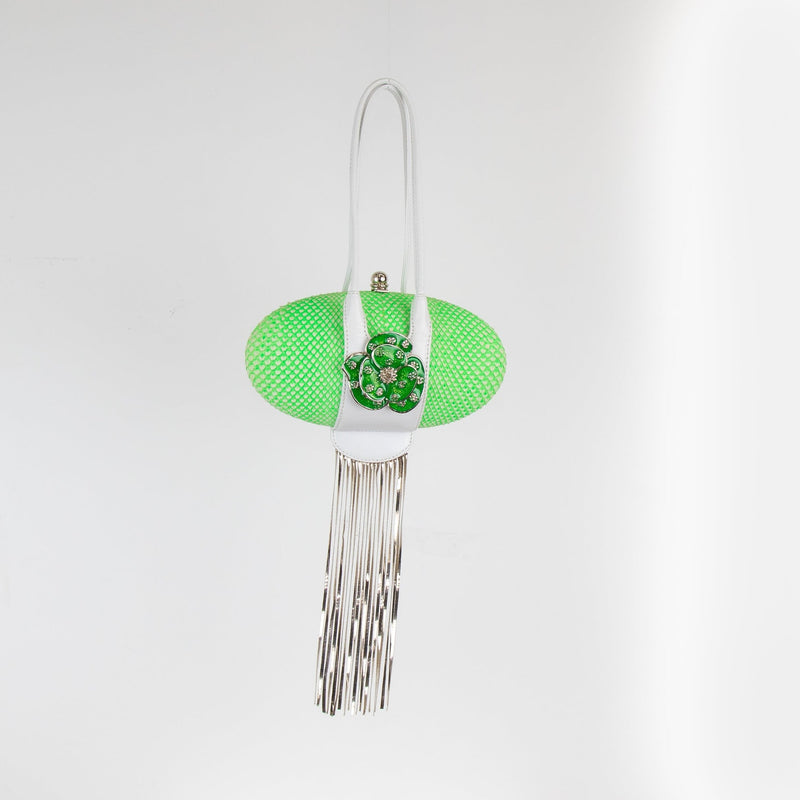 Rodo Neon Green Flower Detail Oval Silver Fringe Mini Bag