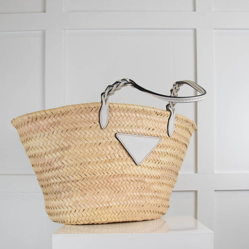 Prada  Raffia Tote with White Leather Handles