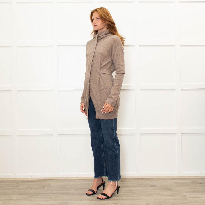 Brunello Cucinelli Brown Cashmere Long Zip Front Cardigan With Belt