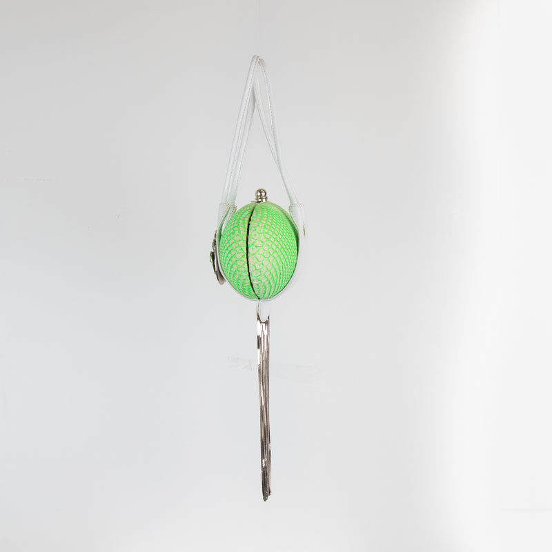 Rodo Neon Green Flower Detail Oval Silver Fringe Mini Bag