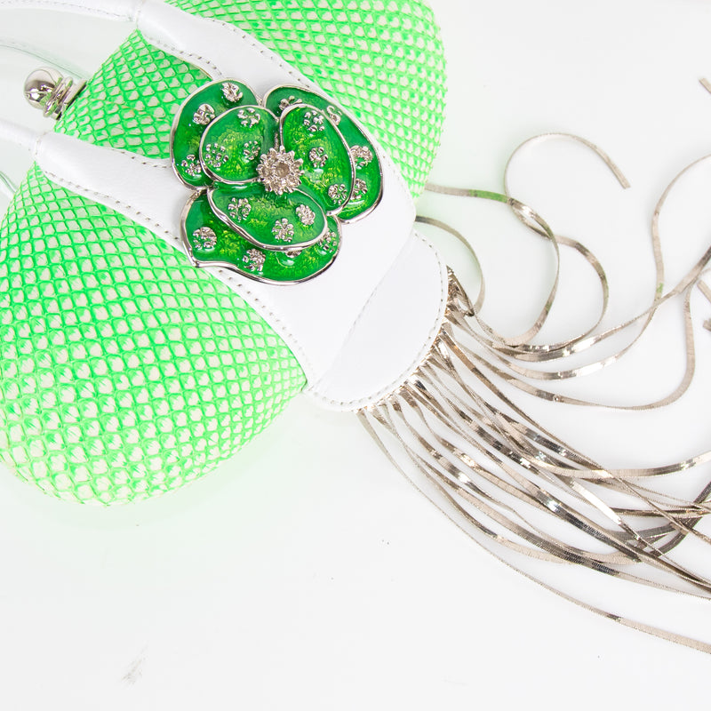 Rodo Neon Green Flower Detail Oval Silver Fringe Mini Bag