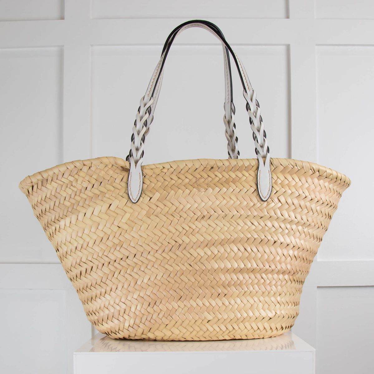 Prada  Raffia Tote with White Leather Handles