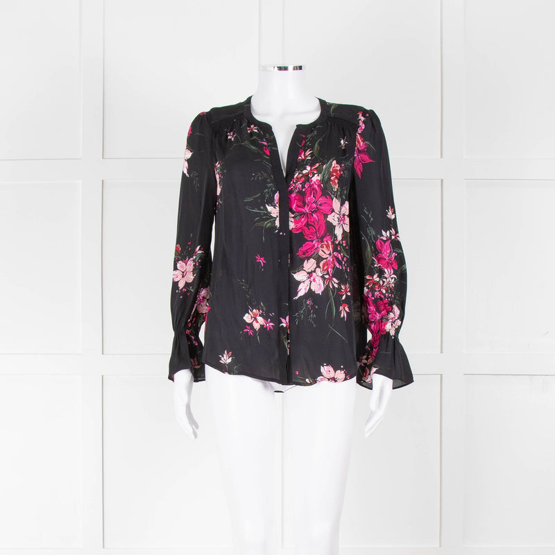 Joie Black Silk Blouse with Pink Flowers