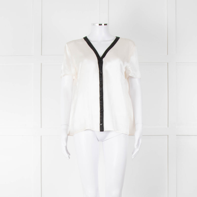 Chanel White Silk Short Sleeve Blouse With Black Edging