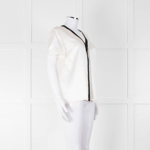 Chanel White Silk Short Sleeve Blouse With Black Edging