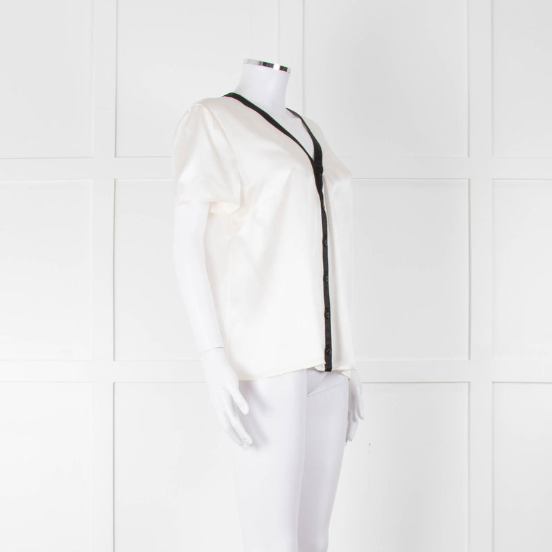Chanel White Silk Short Sleeve Blouse With Black Edging