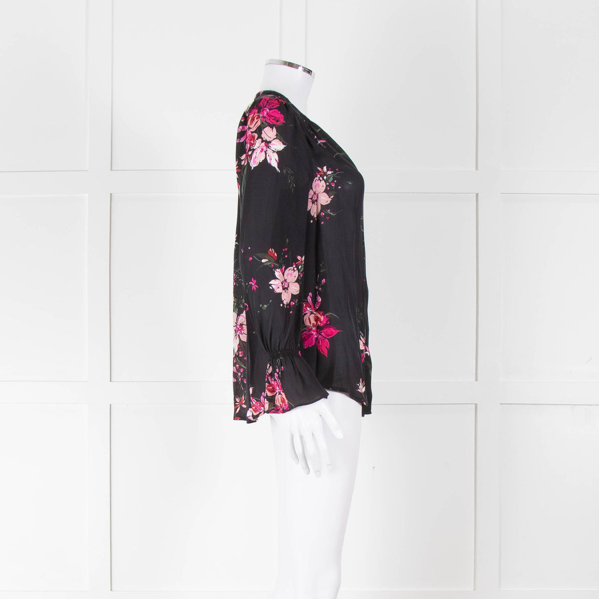Joie Black Silk Blouse with Pink Flowers