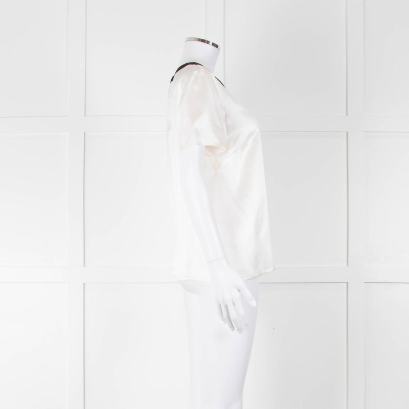 Chanel White Silk Short Sleeve Blouse With Black Edging