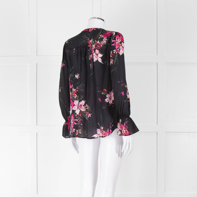 Joie Black Silk Blouse with Pink Flowers