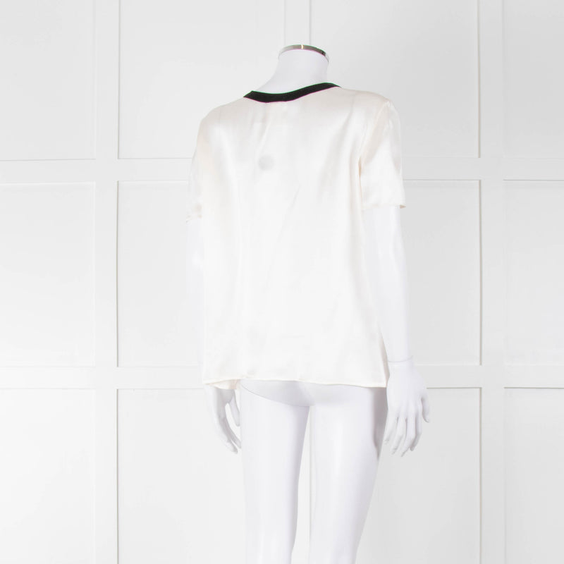 Chanel White Silk Short Sleeve Blouse With Black Edging