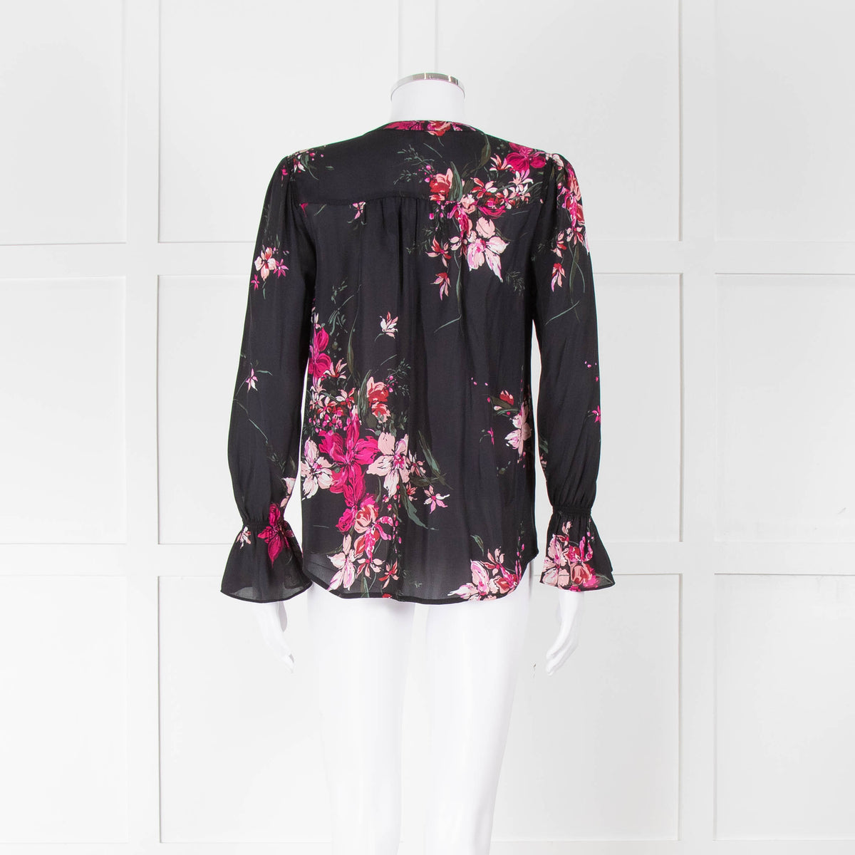 Joie Black Silk Blouse with Pink Flowers