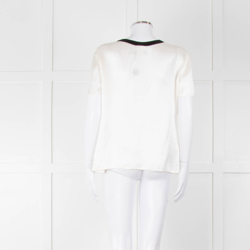 Chanel White Silk Short Sleeve Blouse With Black Edging