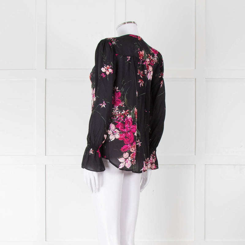 Joie Black Silk Blouse with Pink Flowers