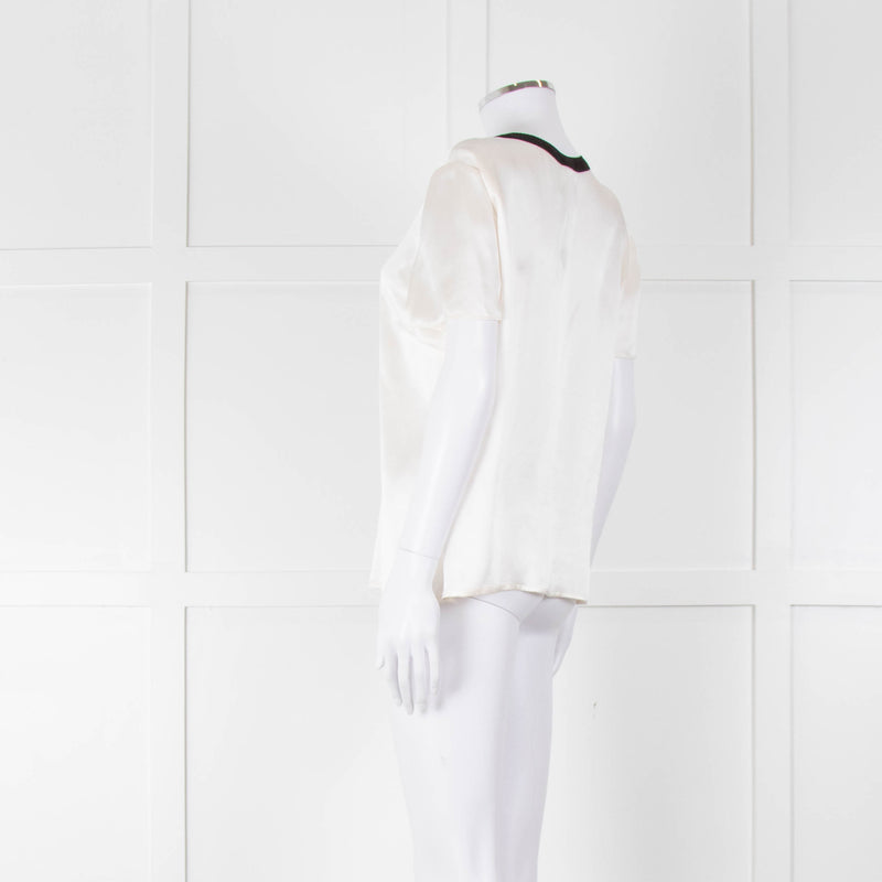 Chanel White Silk Short Sleeve Blouse With Black Edging