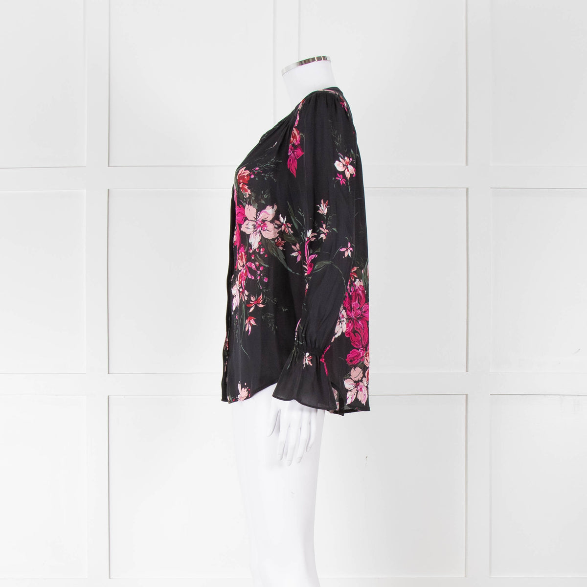 Joie Black Silk Blouse with Pink Flowers