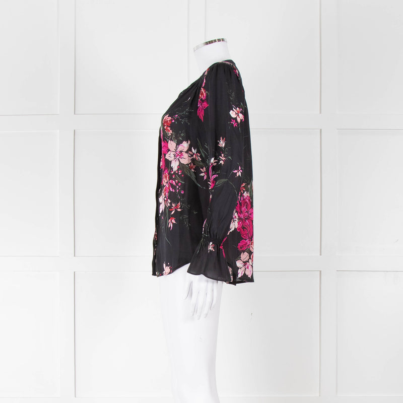 Joie Black Silk Blouse with Pink Flowers