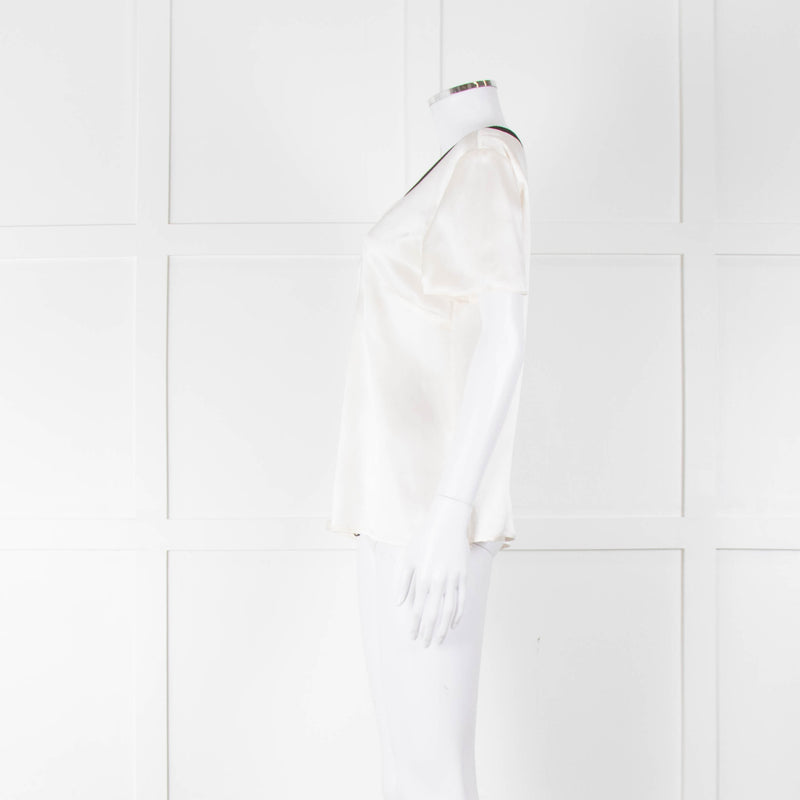 Chanel White Silk Short Sleeve Blouse With Black Edging