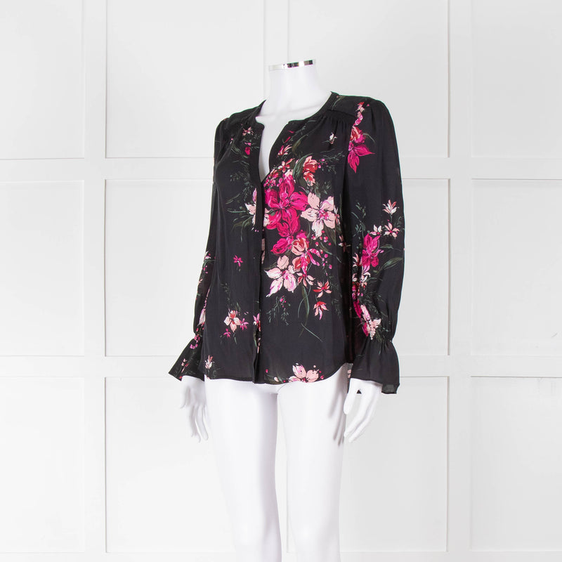 Joie Black Silk Blouse with Pink Flowers