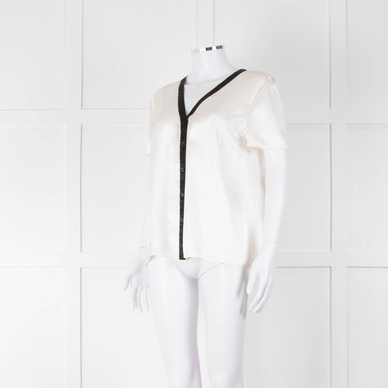 Chanel White Silk Short Sleeve Blouse With Black Edging