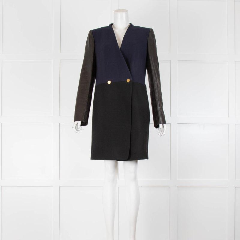 DKNY Navy Brown Leather Sleeve Coat