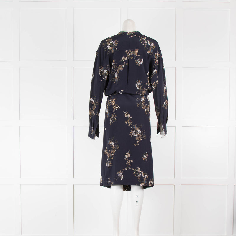 Vince Navy Dress With Floral Pattern And Gather Tie Waist