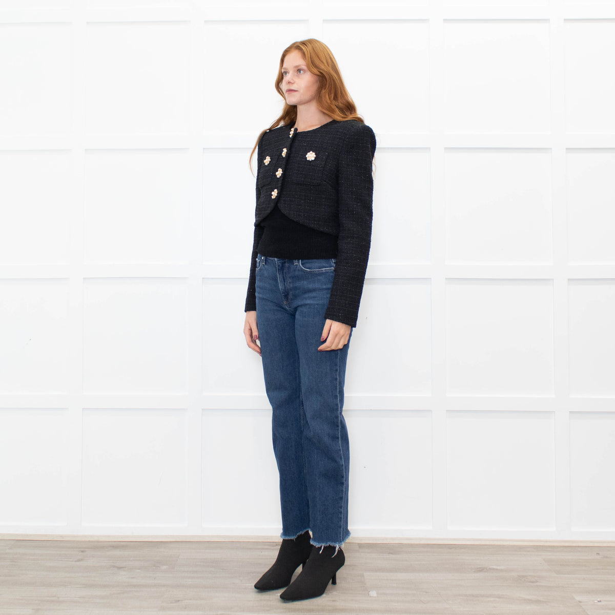 Self Portrait Black Shimmer Boucle Jacket With Embellished Buttons