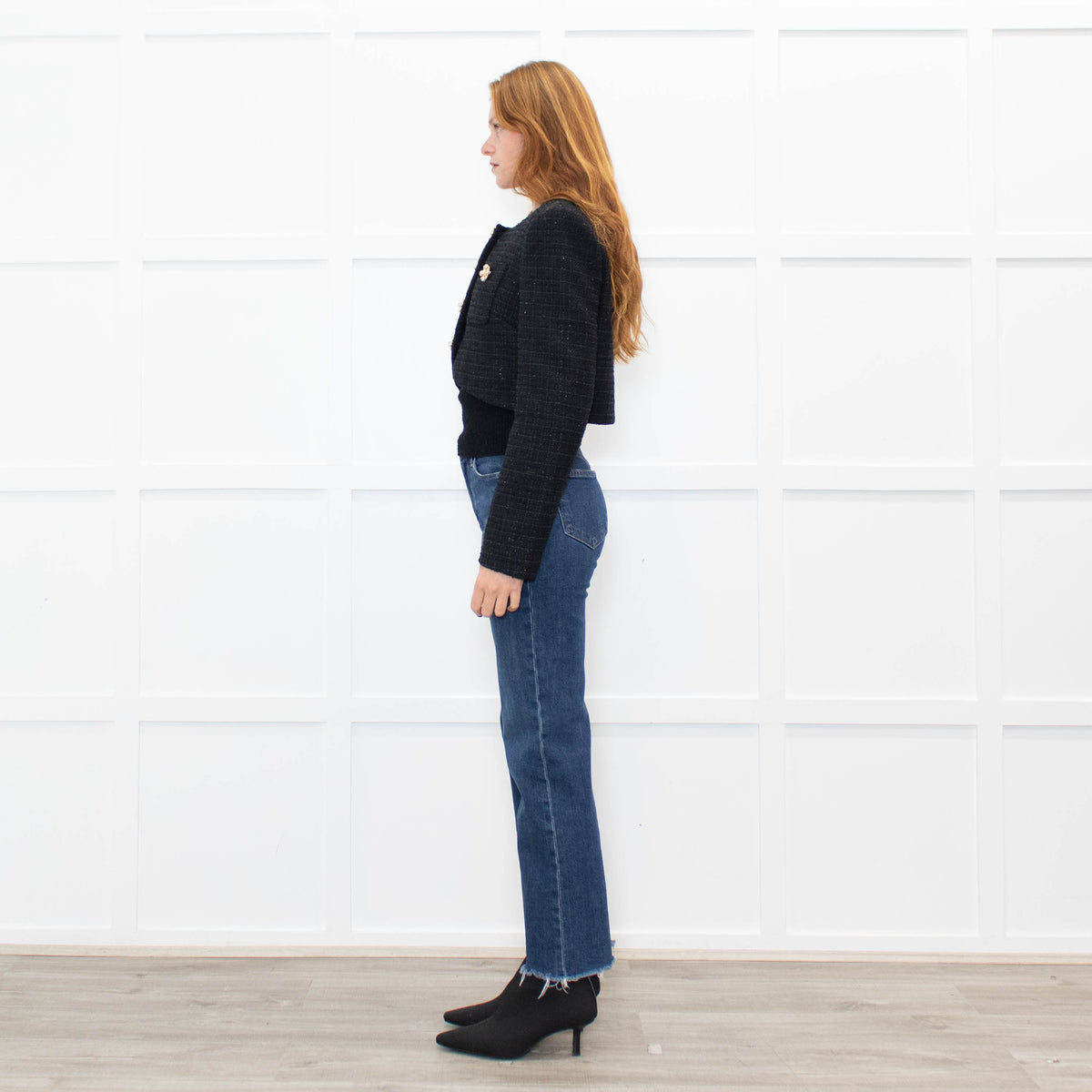 Self Portrait Black Shimmer Boucle Jacket With Embellished Buttons