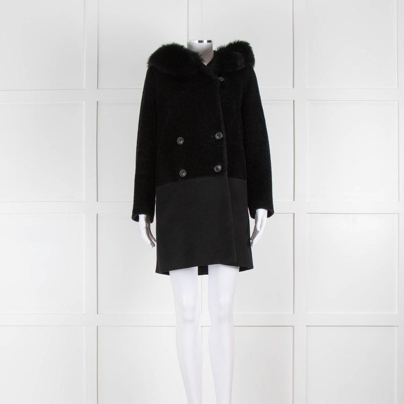 Max Mara Black Wool Alpaca Mix Coat with Fox Fur Trimmed Hood