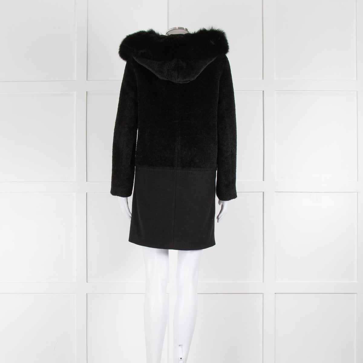 Max Mara Black Wool Alpaca Mix Coat with Fox Fur Trimmed Hood