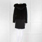 Max Mara Black Wool Alpaca Mix Coat with Fox Fur Trimmed Hood