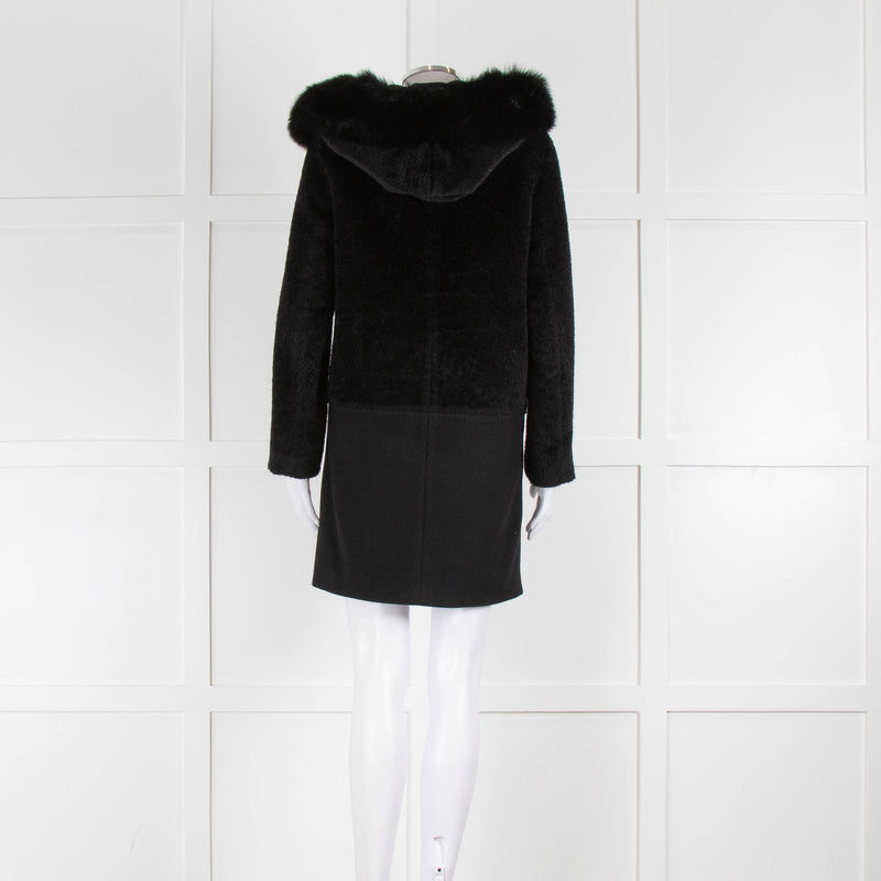 Max Mara Black Wool Alpaca Mix Coat with Fox Fur Trimmed Hood