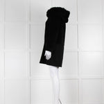 Max Mara Black Wool Alpaca Mix Coat with Fox Fur Trimmed Hood